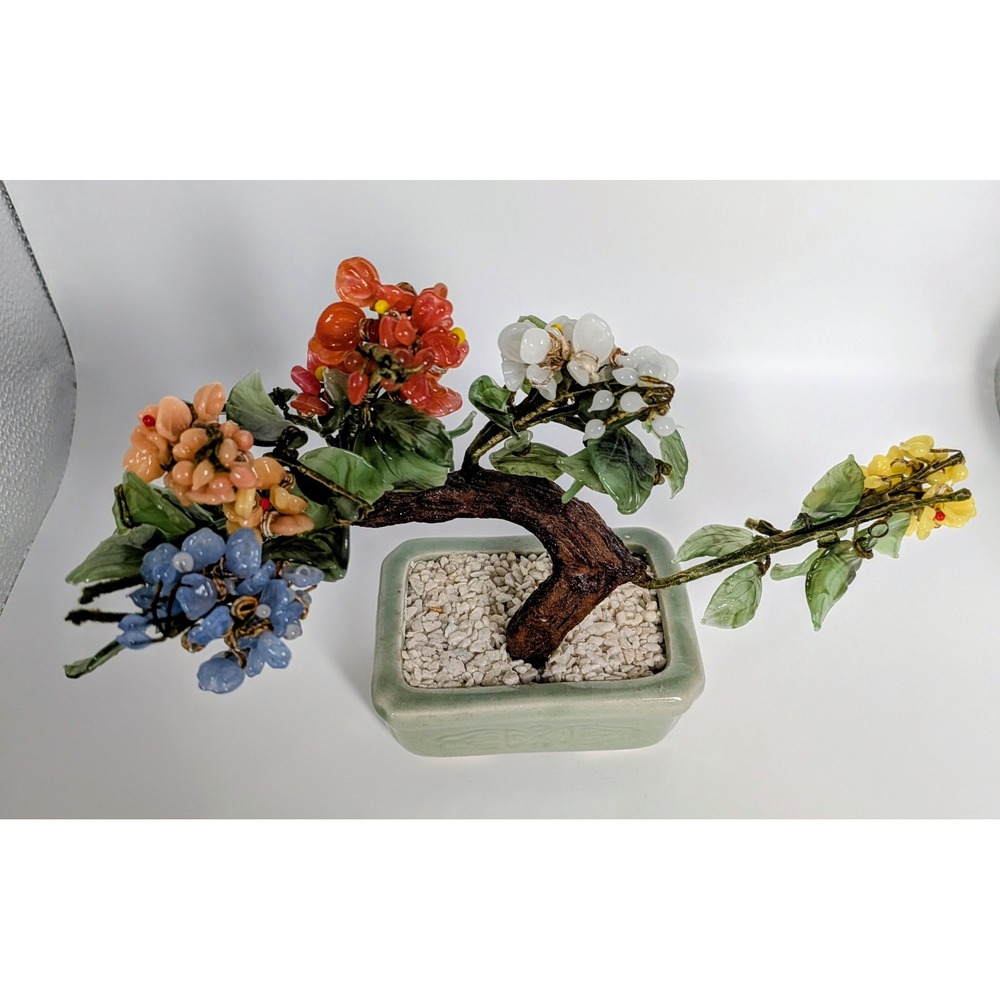 Vintage Chinese Jade Stone Glass Bonsai Mineral Tree Multi Color - Picture 4 of 11
